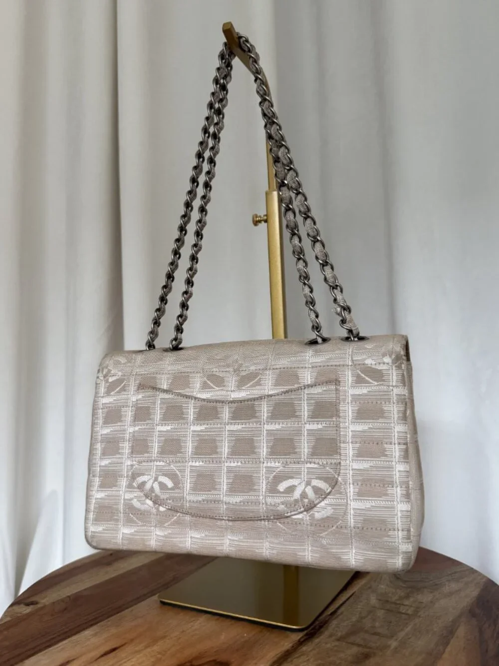 CHANEL Vintage 2003 Travel Line Flap Bag Beige White Silver Chain Medium + Box